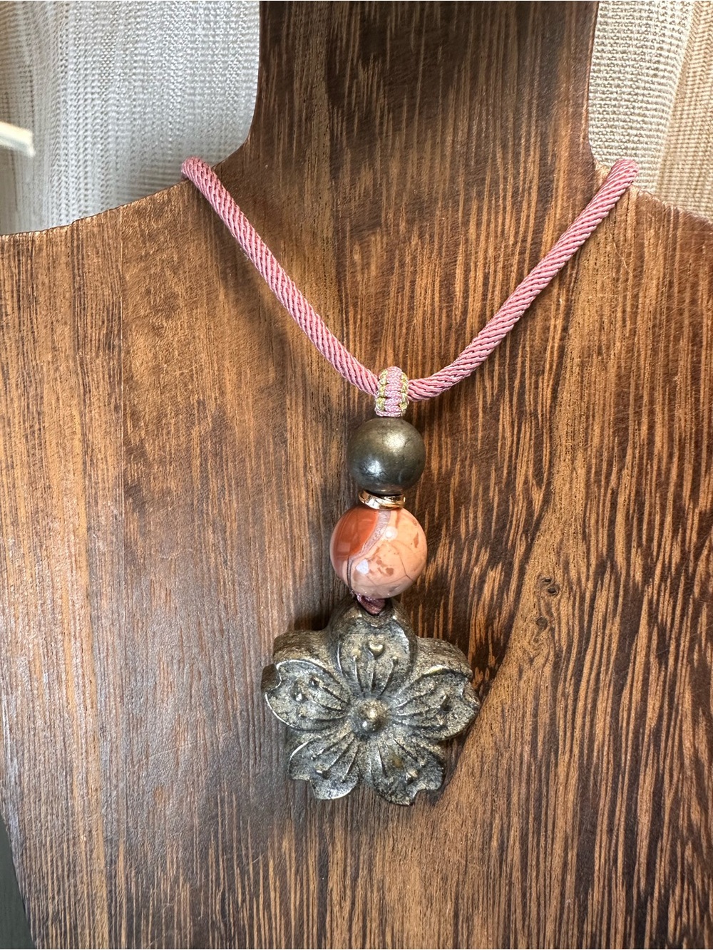 Pyrite Daisy Flower Pendant Necklace on Pink Adjustable Rope - Picture 7 of 15